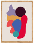 Bazar: formas lila, vino, ocre, coral, azul, roja y turquesa apiladas sobre fondo beige, cuadro con marco madera (FO-138)