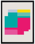 Bloques Pop: bloques turquesa, fucsia, amarillo y azul claro sobre fondo gris claro, cuadro con marco negro (JG-121)