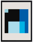 Contraste: bloques negro, azul intenso, azul claro y celeste en un rectángulo, cuadro con marco negro (JG-136)
