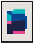 Fondeadero: bloques azul marino, azul y turquesa con toques rosa sobre fondo gris claro, cuadro con marco negro (JG-126)
