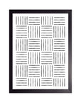 Mimbre: cuadrícula de bloques de líneas negras verticales y horizontales sobre fondo blanco, cuadro con marco negro (L-020)