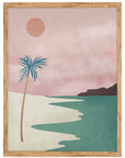 Palmar: palmera y río verde sobre arena bajo un cielo rosa con sol suave, cuadro con marco madera (IAB-038)