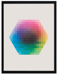 Panal: hexágono de cuadritos en degradado de rosa, morado, azul, verde y amarillo, cuadro con marco negro (JG-153)