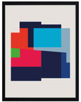 Pop Geo: bloques geométricos en azul marino, rojo, rosa y turquesa sobre fondo gris claro, cuadro con marco negro (JG-128)