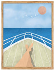Proa: piernas cruzadas en la proa de un barco frente al mar con un sol rosa y pájaros, cuadro con marco madera (IAB-048)