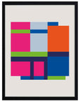 Retablo: bloques fucsia, celeste, naranja, azul y verde lima en rejilla, cuadro con marco negro (JG-132)