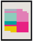 Tablero: bloques en rosa, fucsia, turquesa, amarillo y azul grisáceo sobre fondo gris claro, cuadro con marco negro (JG-119)