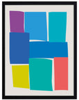 Tejas: rectángulos morados, azules, turquesa, verdes, amarillos y coral en filas desparejas, cuadro con marco negro (JG-149)