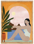 Terraza: persona sentada bajo un arco naranja junto a una planta, con sol y montañas, cuadro con marco madera (IAB-040)