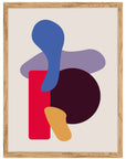 Trapecio: gota azul, círculo vino, rectángulo rojo y piezas lila y ocre sobre fondo beige, cuadro con marco madera (FO-137)