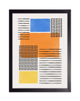 Verano Naranja: bloques naranja, azul y amarillo con puntos y rayas negras sobre fondo hueso, cuadro con marco negro (VA-008)