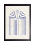 Arco Azul: arco de líneas azul marino sobre fondo crema con textura, cuadro con marco negro (JG-009)