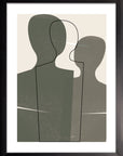 Contornos: dos figuras de silueta en verde oliva y gris con un contorno de línea negra fina, cuadro con marco negro (SA-007)