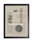 Maqueta: planos arena y gris con barras claras, medias lunas y una esfera gris, cuadro con marco negro (F-034)