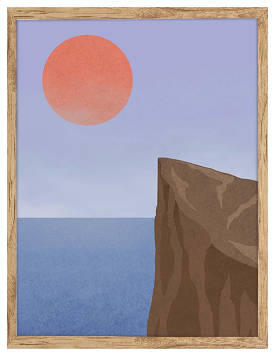 Acantilado: sol naranja sobre un mar azul con un acantilado marrón y cielo lila, cuadro con marco madera (IAB-032)