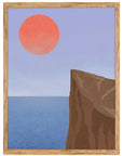 Acantilado: sol naranja sobre un mar azul con un acantilado marrón y cielo lila, cuadro con marco madera (IAB-032)