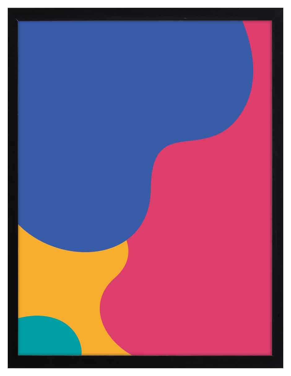 Algodón de Azúcar: formas azul, rosa fucsia, amarilla y turquesa que se encajan, cuadro con marco negro (FO-133)