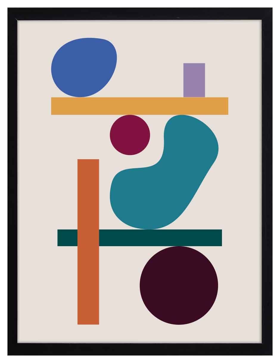 Alquimia: forma azul, barra ocre, círculos vino y oscuro, piezas turquesa, naranja y verde, cuadro con marco negro (FO-150)
