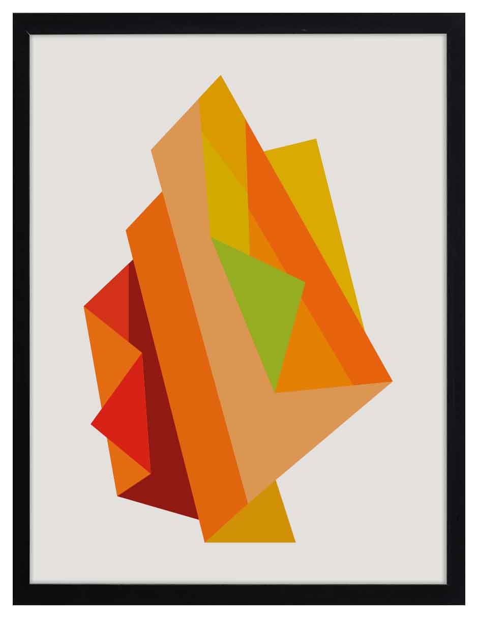 Ámbar: forma facetada en naranja, amarillo, ocre y rojo con una faceta verde, cuadro con marco negro (JG-145)