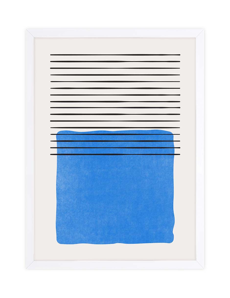 Añil: líneas negras horizontales sobre un gran bloque azul intenso con fondo crema, cuadro con marco blanco (VA-001)