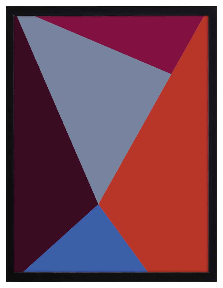 Aristas: triángulos grandes en vino, azul grisáceo, rojo anaranjado y azul, cuadro con marco negro (FO-145)