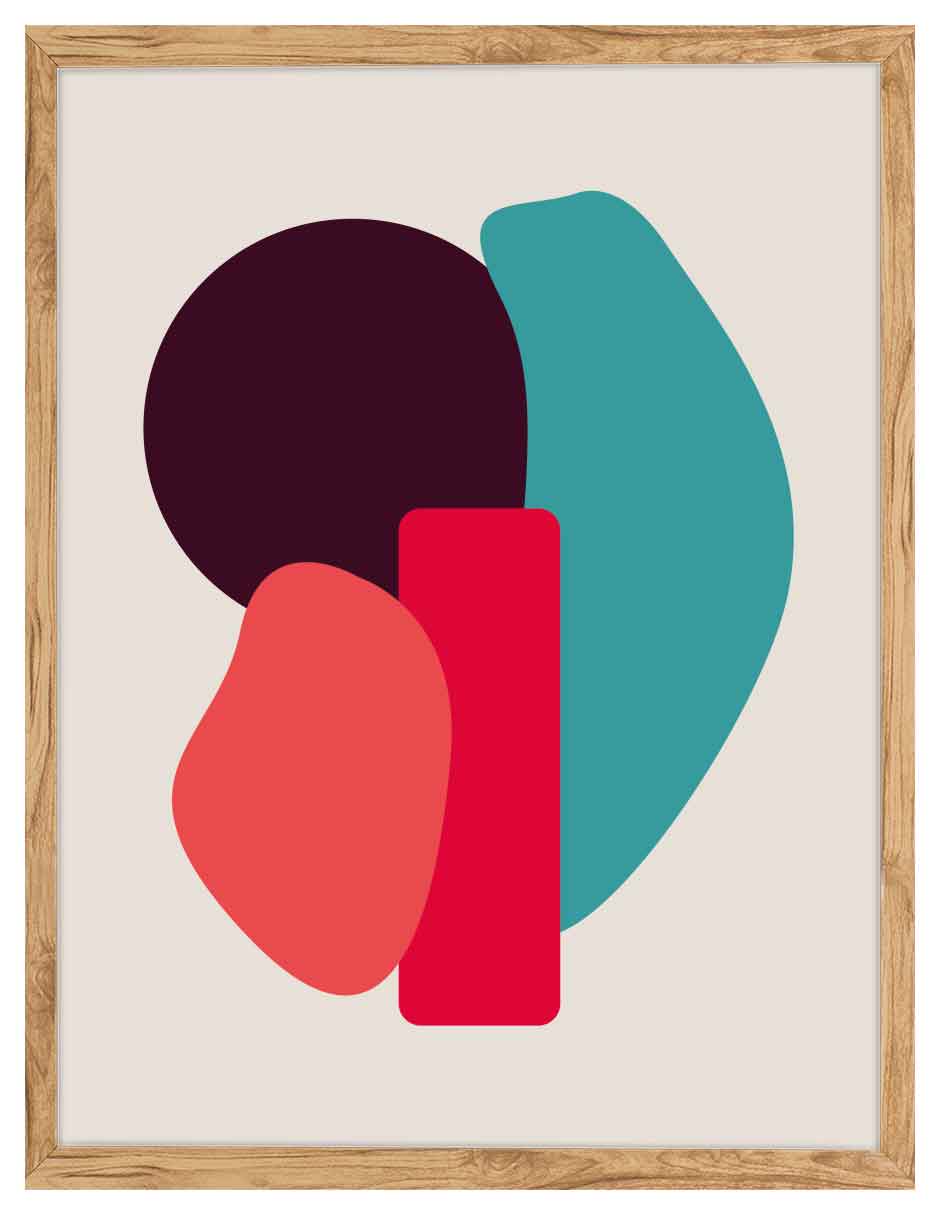 Baraja: círculo vino, curva turquesa, rectángulo rojo y forma coral sobre fondo beige, cuadro con marco madera (FO-136)