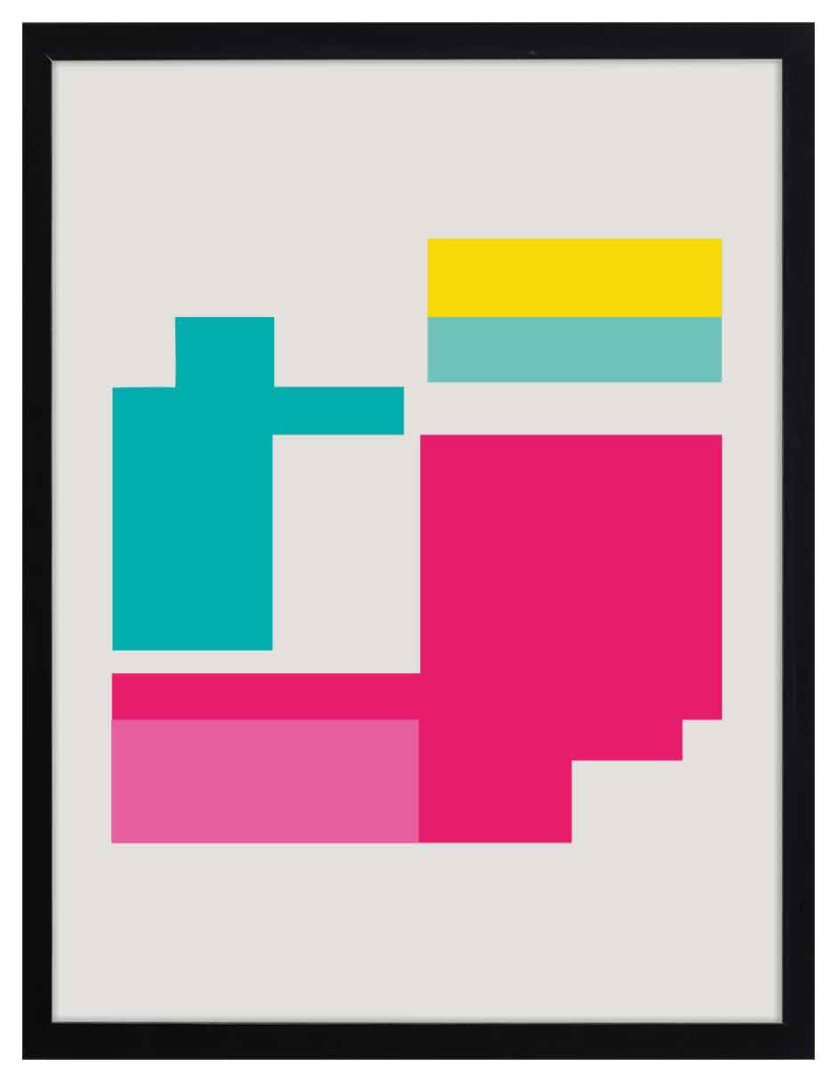 Barrio: bloques turquesa, rosa, fucsia y amarillo separados sobre fondo gris claro, cuadro con marco negro (JG-123)