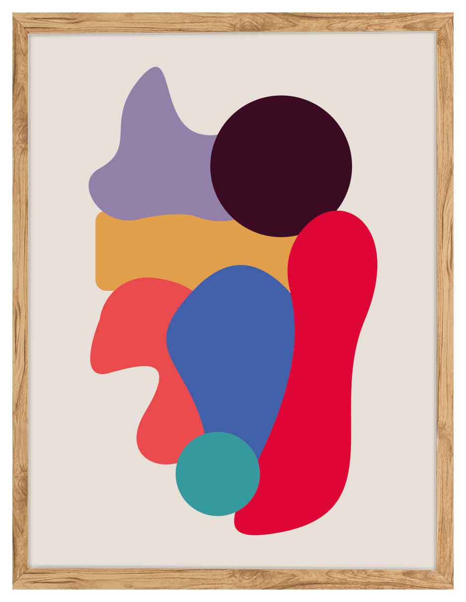 Bazar: formas lila, vino, ocre, coral, azul, roja y turquesa apiladas sobre fondo beige, cuadro con marco madera (FO-138)