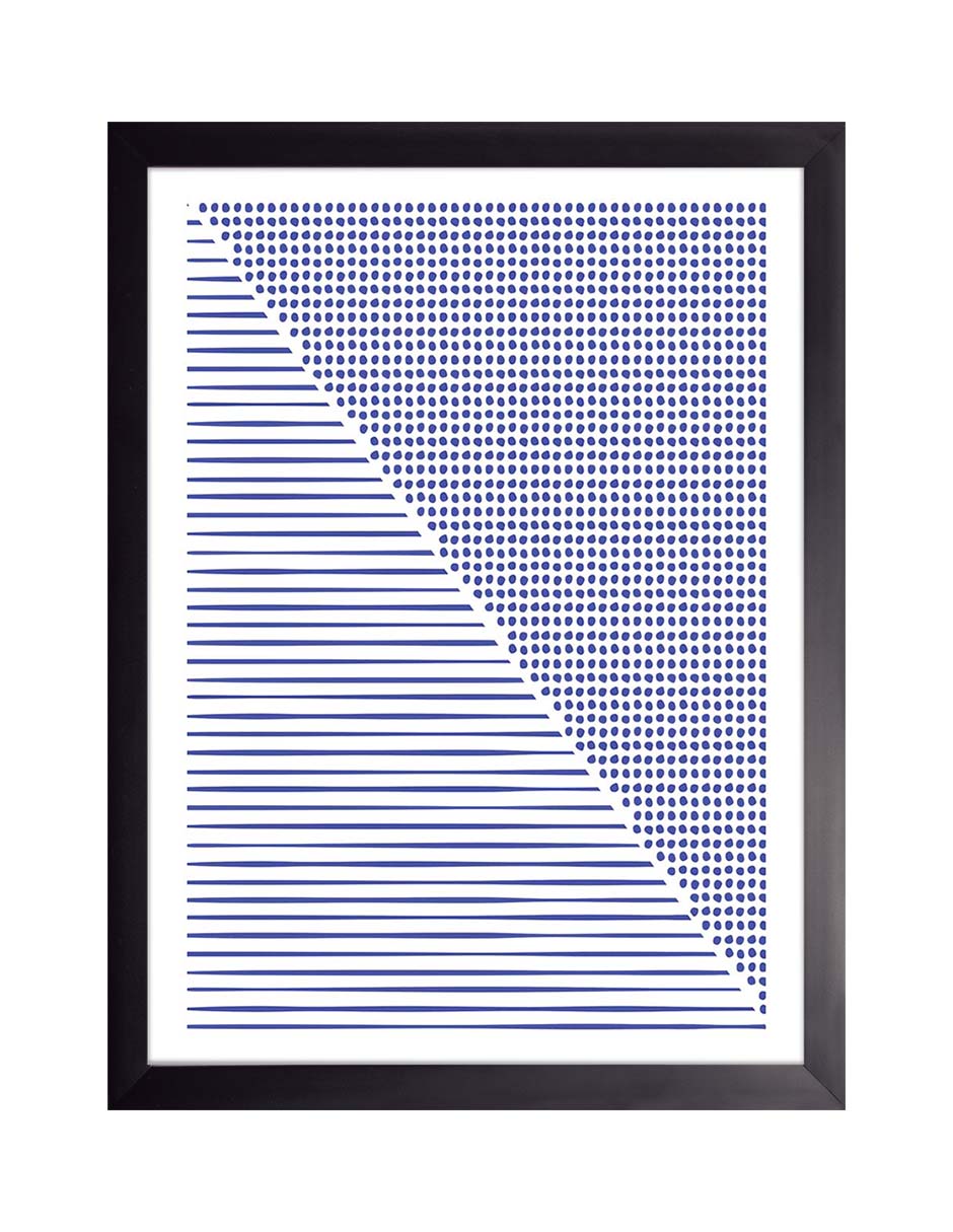 Bipartido: diagonal con líneas azules horizontales en un lado y puntos azules en el otro, cuadro con marco negro (L-036)