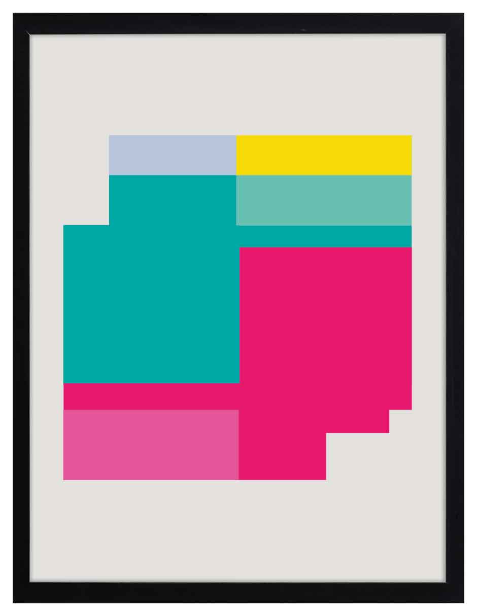 Bloques Pop: bloques turquesa, fucsia, amarillo y azul claro sobre fondo gris claro, cuadro con marco negro (JG-121)