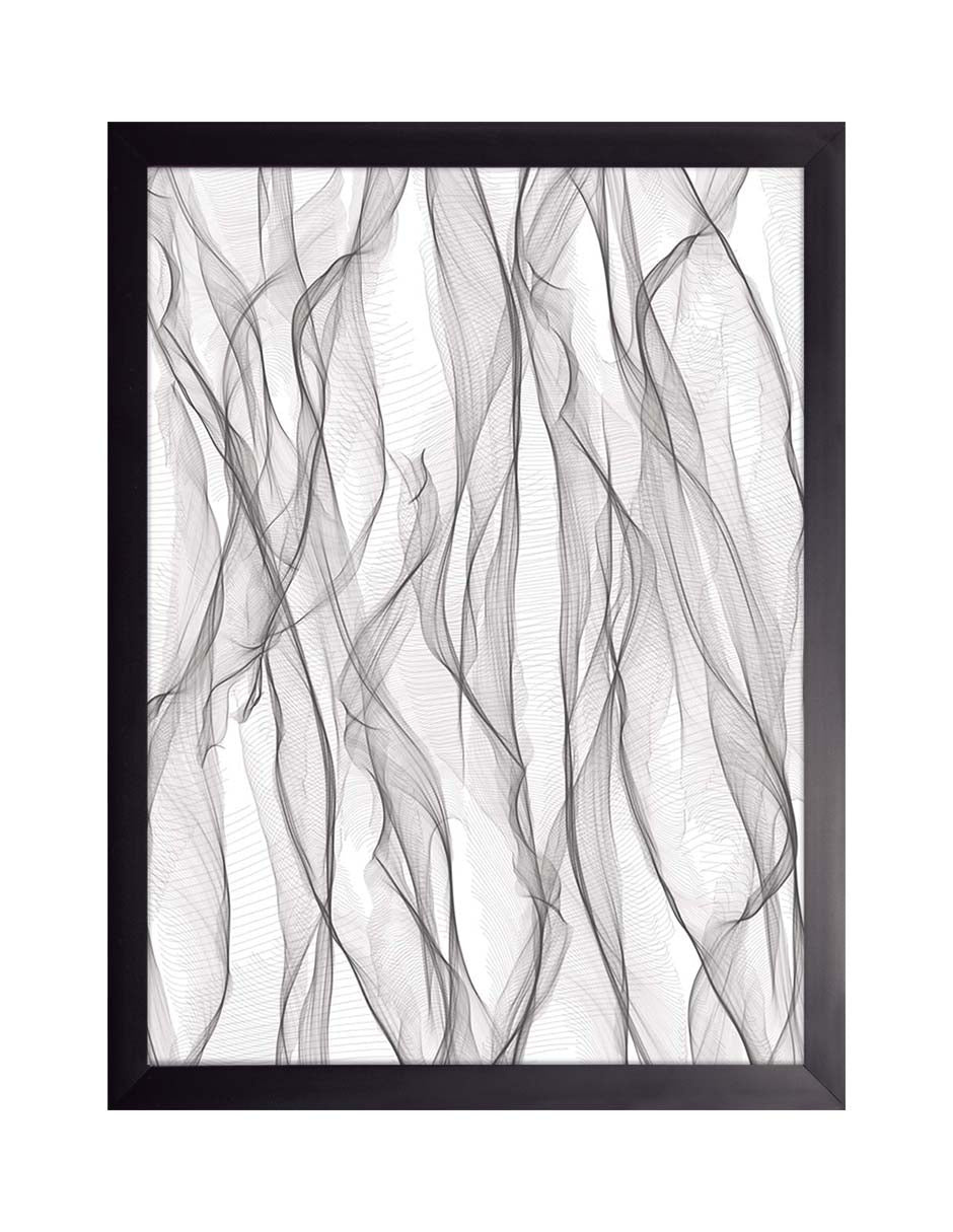 Brisa Gris: líneas finas y onduladas en gris sobre fondo blanco, cuadro abstracto minimalista con marco negro (SG-014)