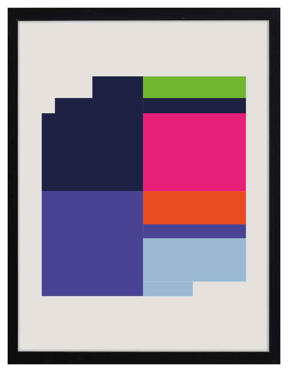 Cantera: bloques azul marino, violeta, fucsia, naranja y verde lima con bordes escalonados, cuadro con marco negro (JG-130)