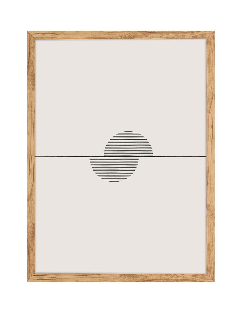 Cenit: círculo de líneas negras finas cortado por una línea horizontal sobre fondo crema, cuadro con marco madera (SS-024)