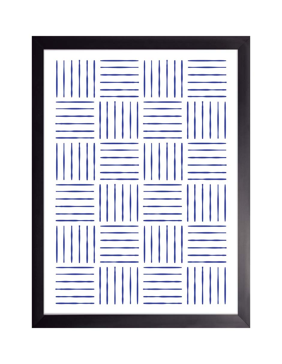 Cestería: cuadrícula de bloques de líneas azules verticales y horizontales como tejido, cuadro con marco negro (L-019)