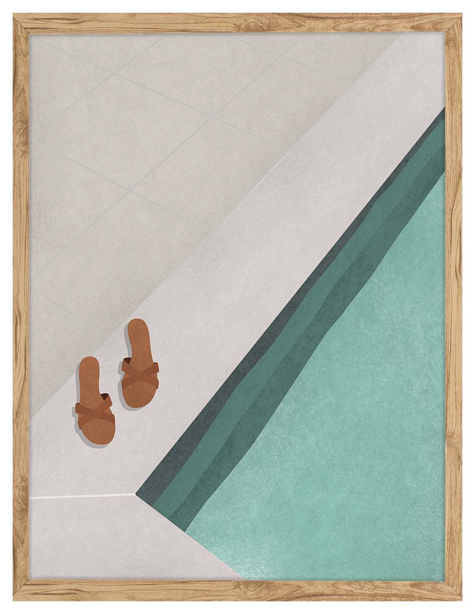 Chancletas: sandalias marrones junto al borde diagonal de una alberca verde azulada, cuadro con marco madera (IAB-036)