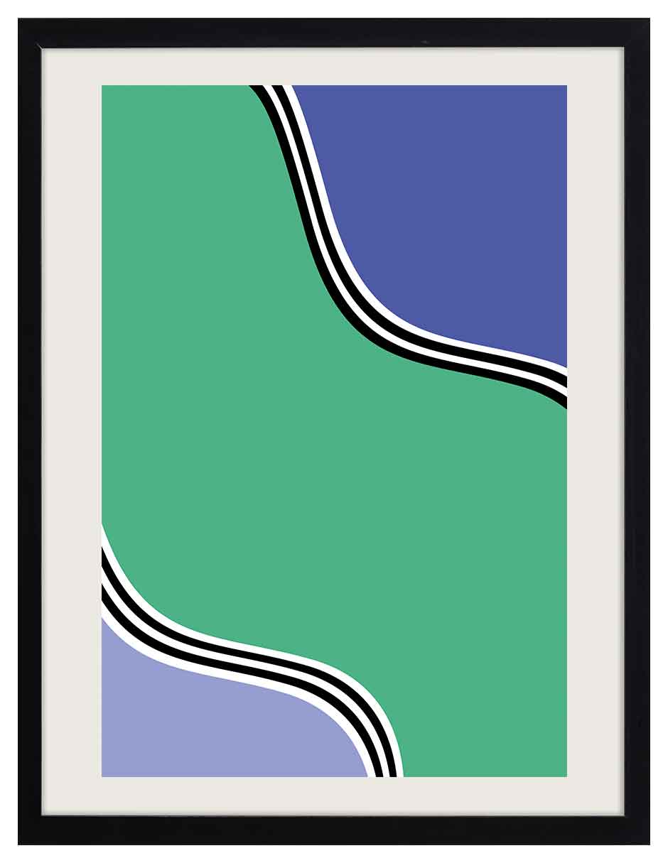 Chicane: forma verde con esquinas azul y lila cruzada por curvas negras y blancas, cuadro con marco negro (PAL-045)