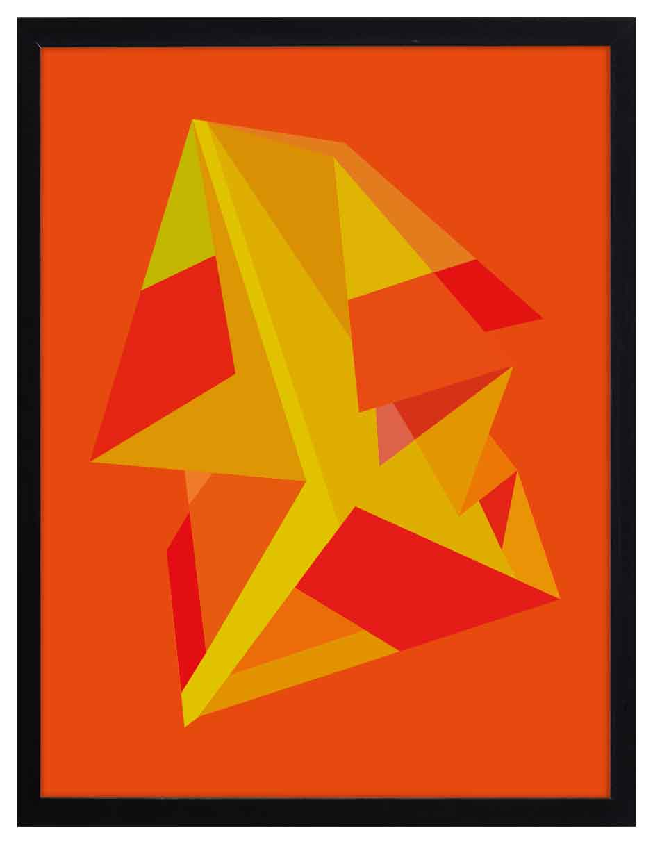Chispa: forma facetada amarilla, naranja y roja sobre fondo naranja intenso, cuadro con marco negro (JG-137)