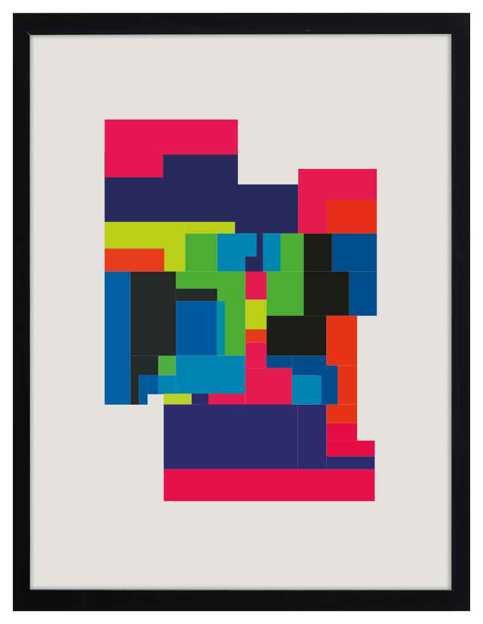 Ciudad Pixel: muchos bloques pequeños en fucsia, azul, verde, negro y rojo, cuadro con marco negro (JG-127)