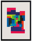 Ciudad Pixel: muchos bloques pequeños en fucsia, azul, verde, negro y rojo, cuadro con marco negro (JG-127)