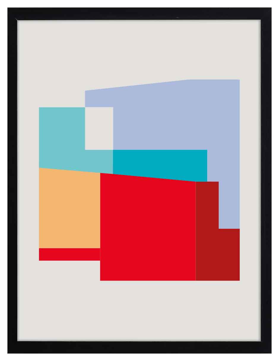 Collage Urbano: bloques celeste, turquesa, durazno, rojo y azul grisáceo superpuestos, cuadro con marco negro (JG-135)