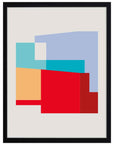 Collage Urbano: bloques celeste, turquesa, durazno, rojo y azul grisáceo superpuestos, cuadro con marco negro (JG-135)