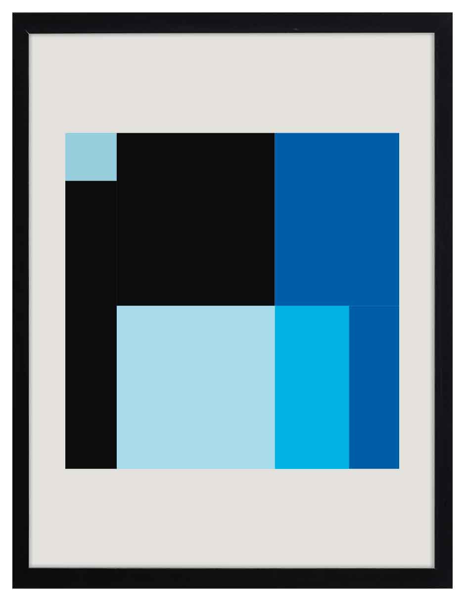 Contraste: bloques negro, azul intenso, azul claro y celeste en un rectángulo, cuadro con marco negro (JG-136)