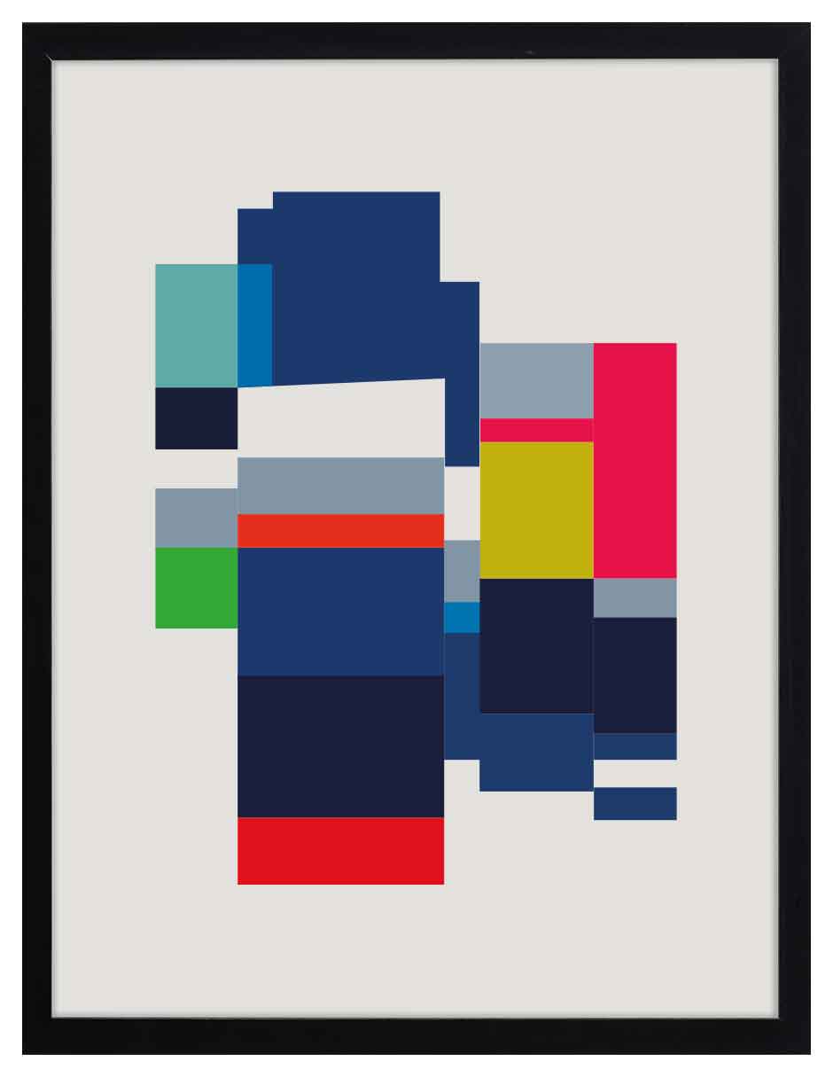 Cubilete: bloques azul marino, gris, verde, amarillo y rojo apilados y desfasados, cuadro con marco negro (JG-129)