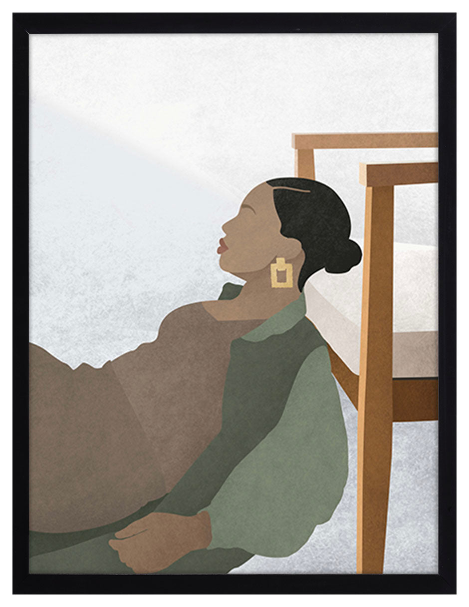 Descanso: figura sentada junto a una silla de madera, cuadro con marco negro (SA-012)