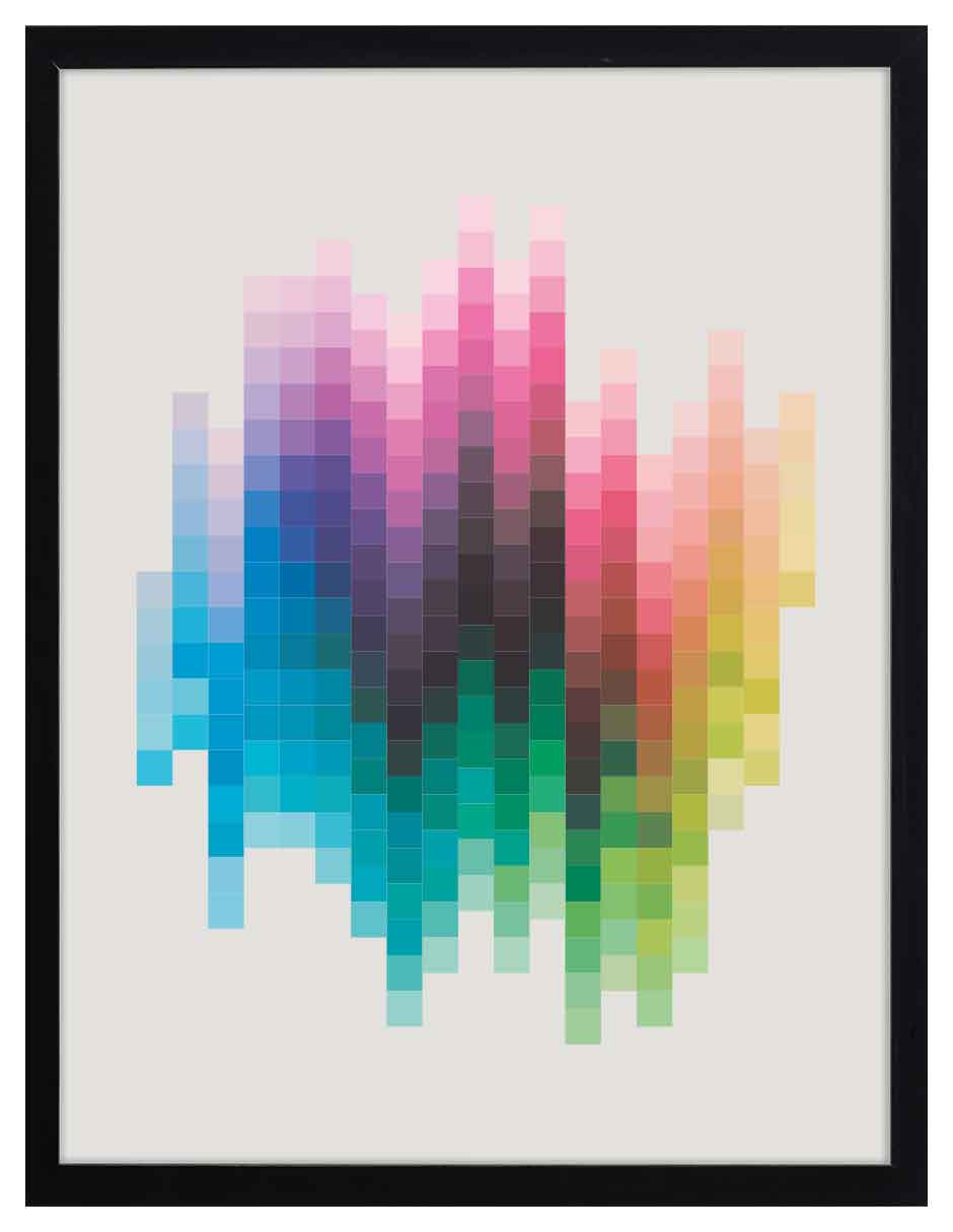 Ecualizador: columnas de cuadritos de distinto largo en turquesa, azul, rosa, negro y verde, cuadro con marco negro (JG-154)