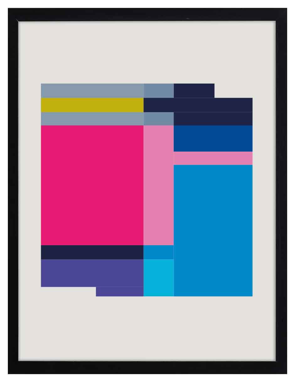 Edificio: gran bloque fucsia con bandas azul, lila, gris y amarillo oliva, cuadro con marco negro (JG-125)