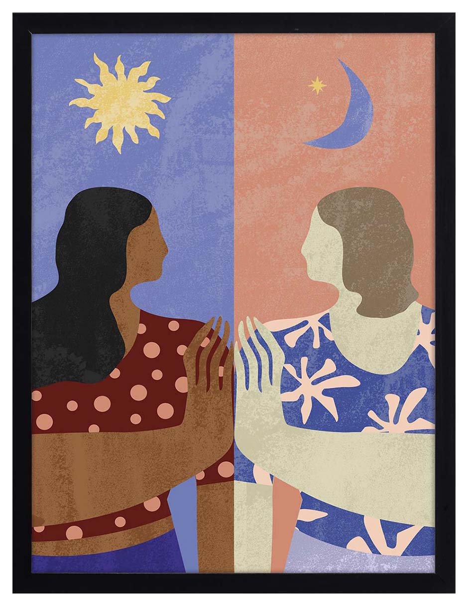 Encuentro: dos figuras frente a frente con las manos juntas, cielo azul, cuadro con marco negro (SA-031)
