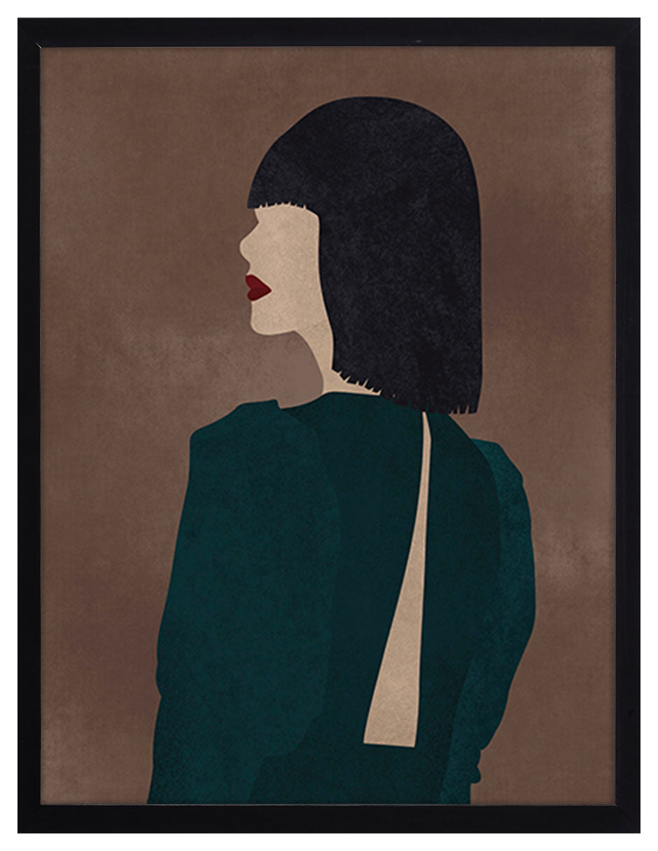 Espalda: figura de espaldas con cabello negro corto y chaqueta verde oscuro con abertura, cuadro con marco negro (SA-011)
