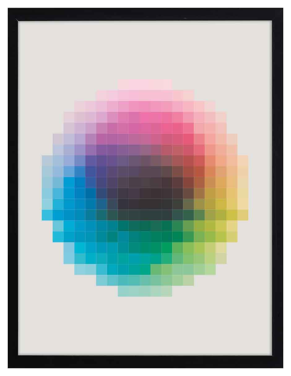 Espectro: círculo de cuadritos en degradado de rosa, morado, azul, verde y amarillo, cuadro con marco negro (JG-151)