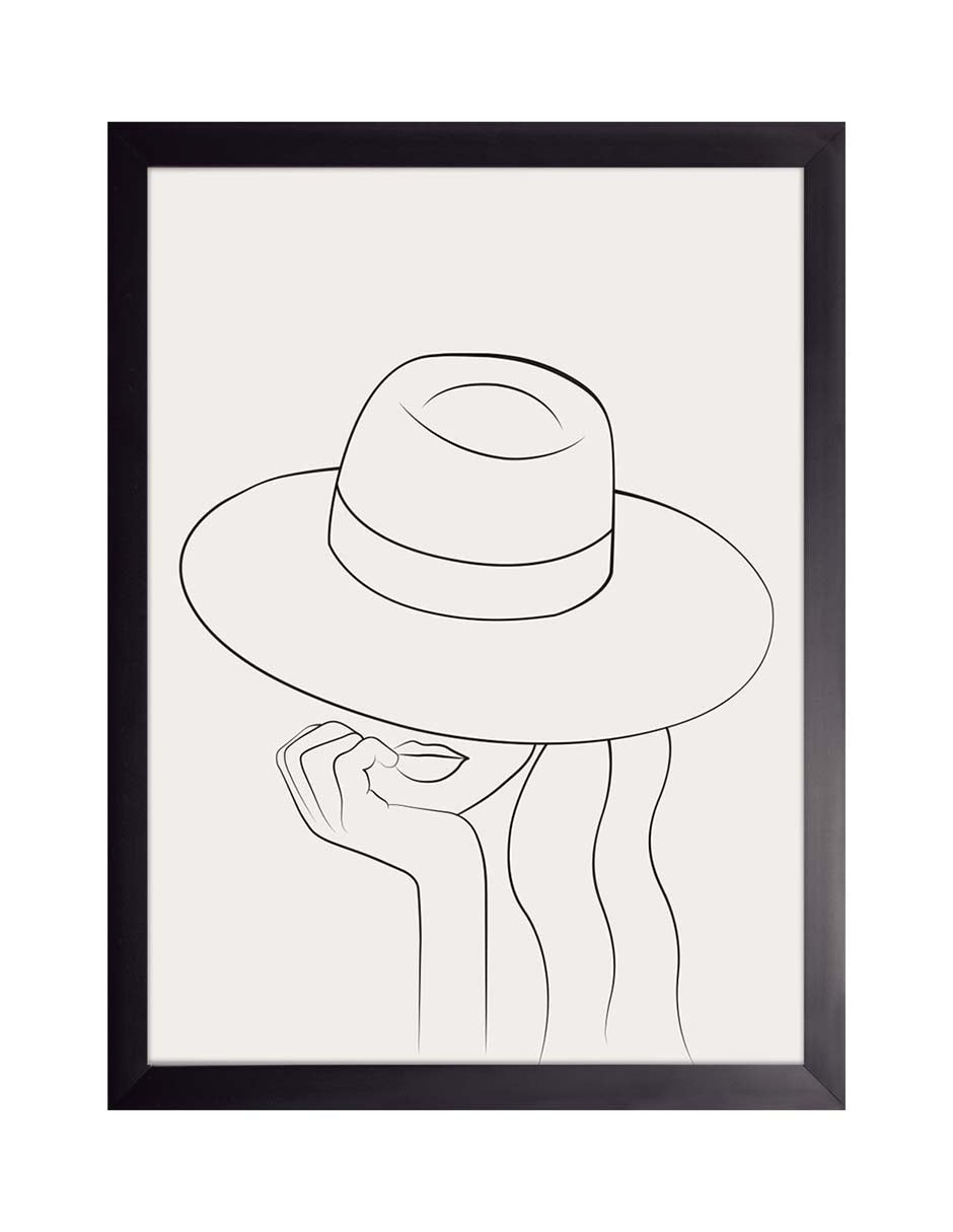 Fedora: figura con sombrero de ala ancha y la mano en la barbilla en línea negra fina, cuadro con marco negro (SL-016)